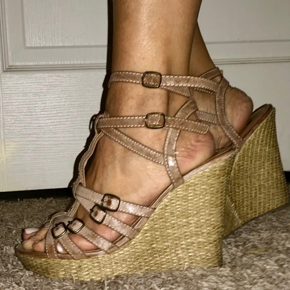Tan strapping wedge sandals